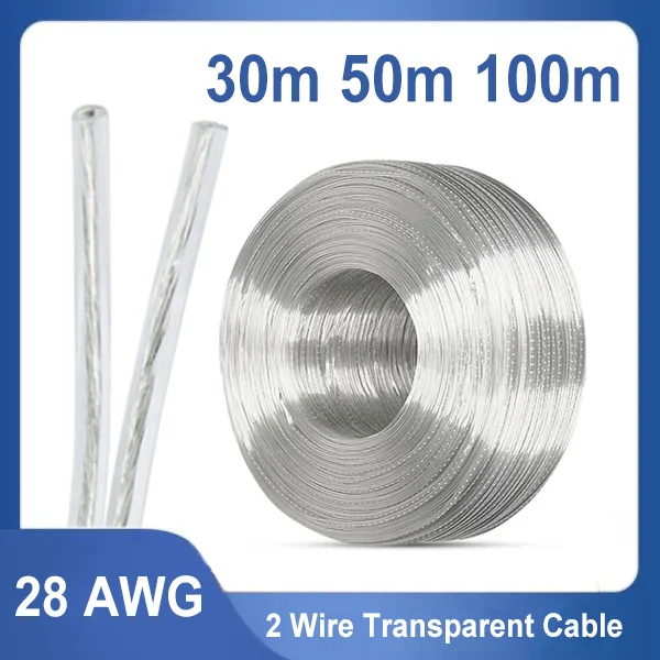 30M 50M 100M 28AWG Transparent Wire 2 Core Copper Parallel DC Power Extension Cable for LED Light Strip 2468 Electric DIY Wire
