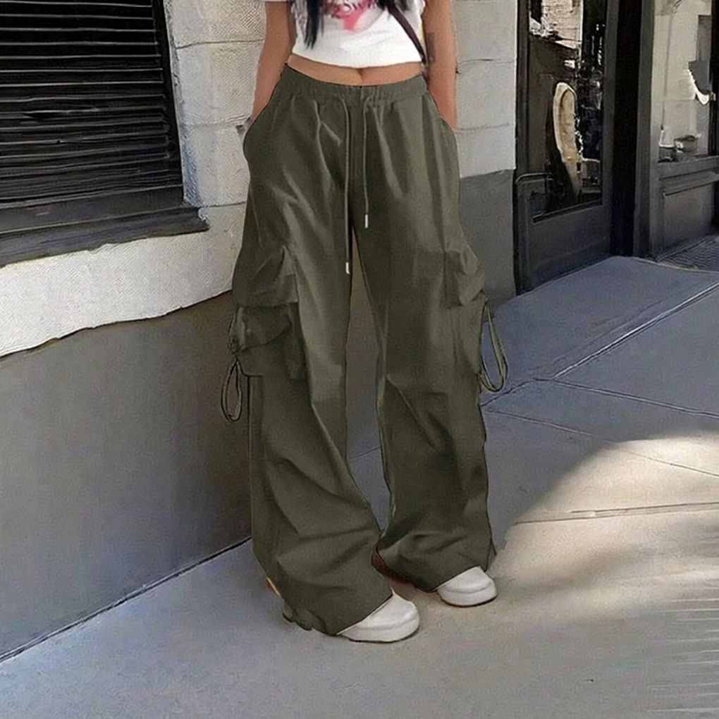 Calça Oversized com Bolsos Estilo High Street Preta Vintage de Cintura Alta Feminina Moda Retrô Casual Streetwear Jogger Solta
