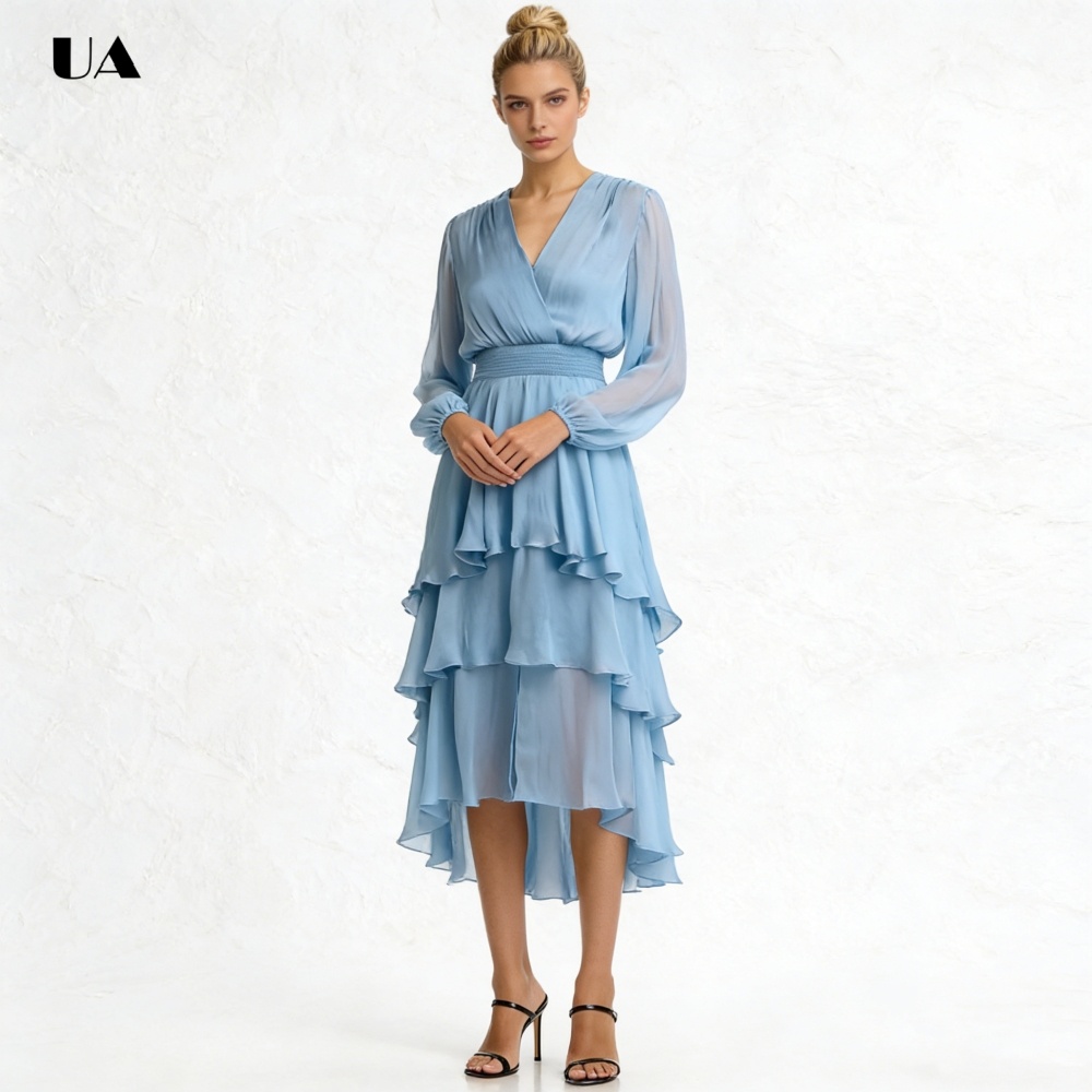 Ulbyanry vestido de baile simples com cintura smockada, vestido de noite de chiffon com babados e mangas compridas, vestido de festa personalizado