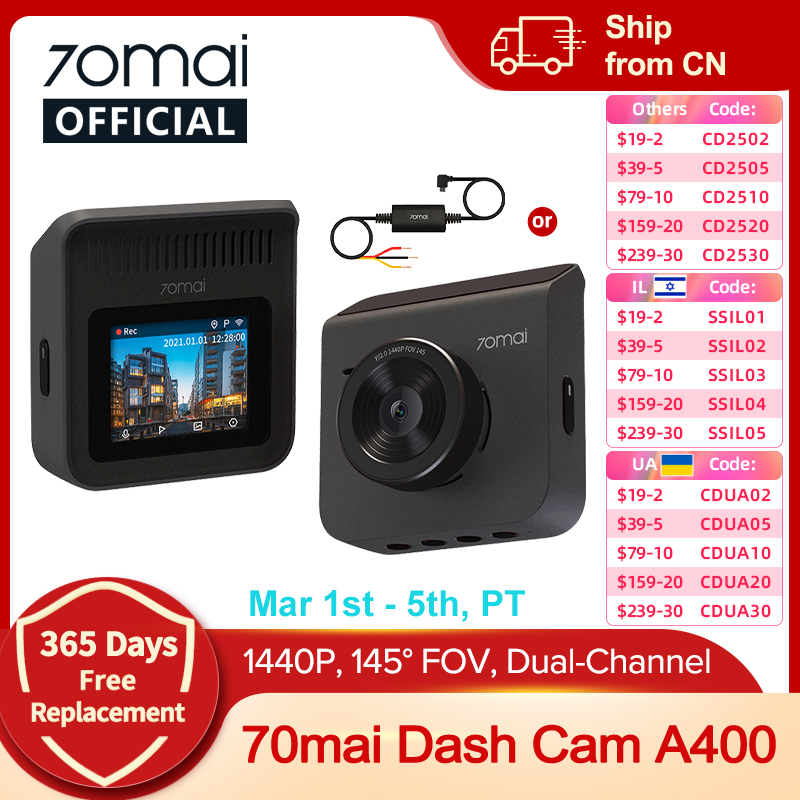 70mai Dash Cam A400 1440P Image 145° FOV Car DVR 70mai A400 Car Recorder Support Rear Cam 24H Parking Mode