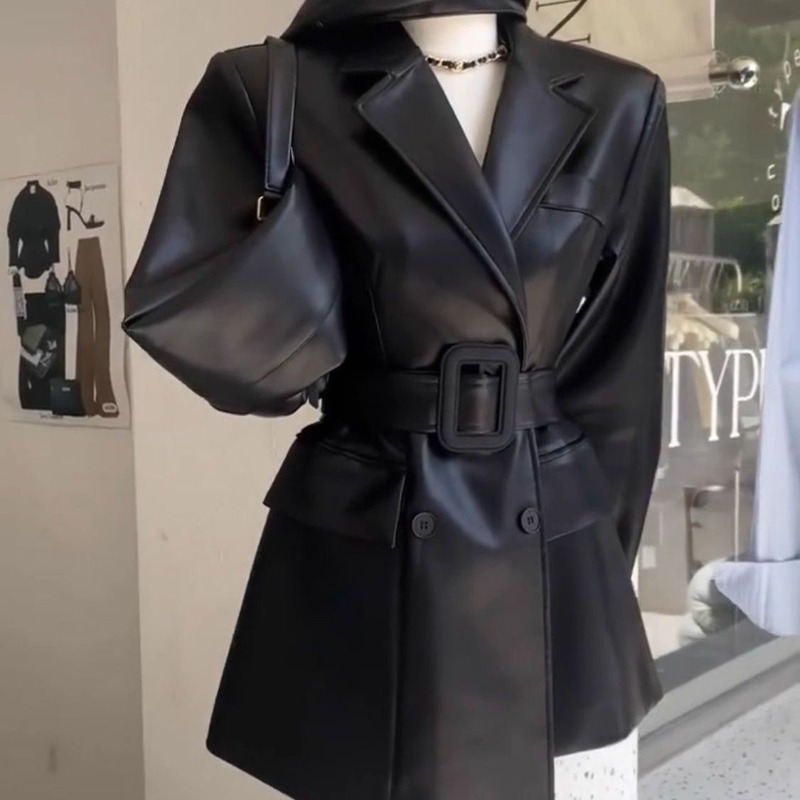Marrom moda temperamento retro elegante jaqueta de couro feminino manga longa outono moda fino ajuste feminino blazer casaco
