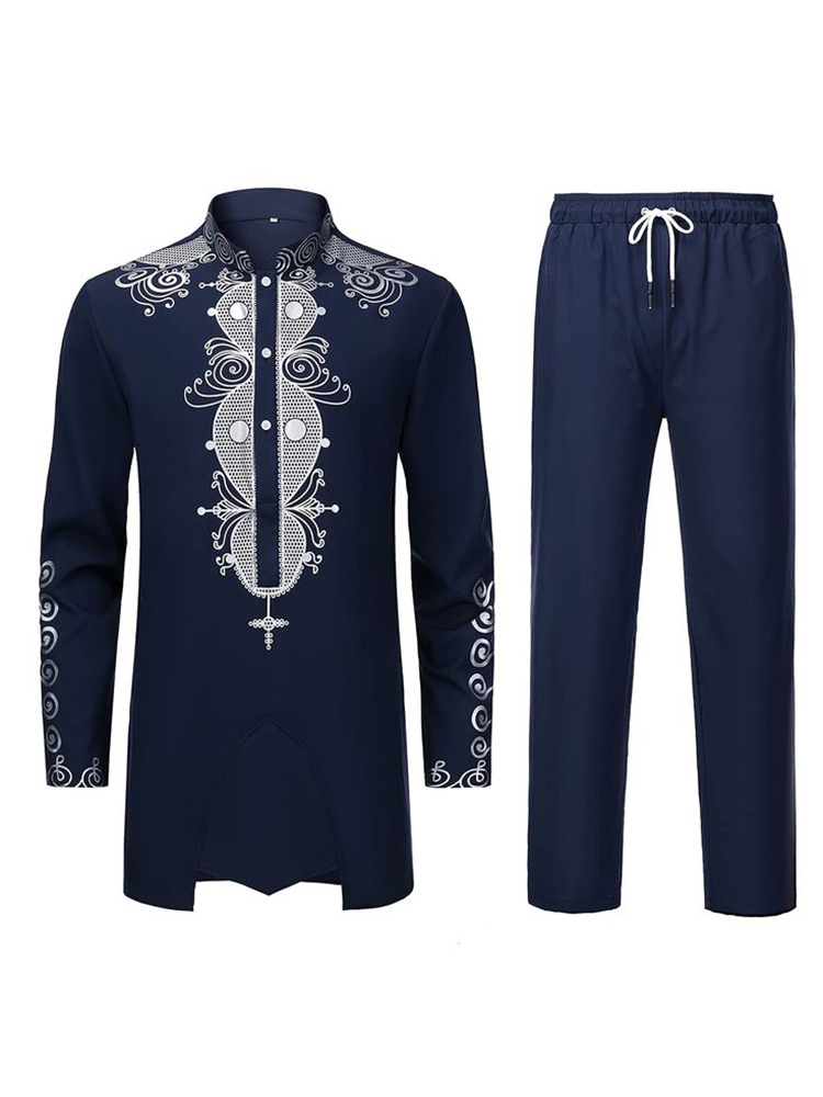 Traje musulmán estampado negro blanco amarillo azul marino pantalones de manga larga el vestido tradicional de hombres árabes patrón 3D