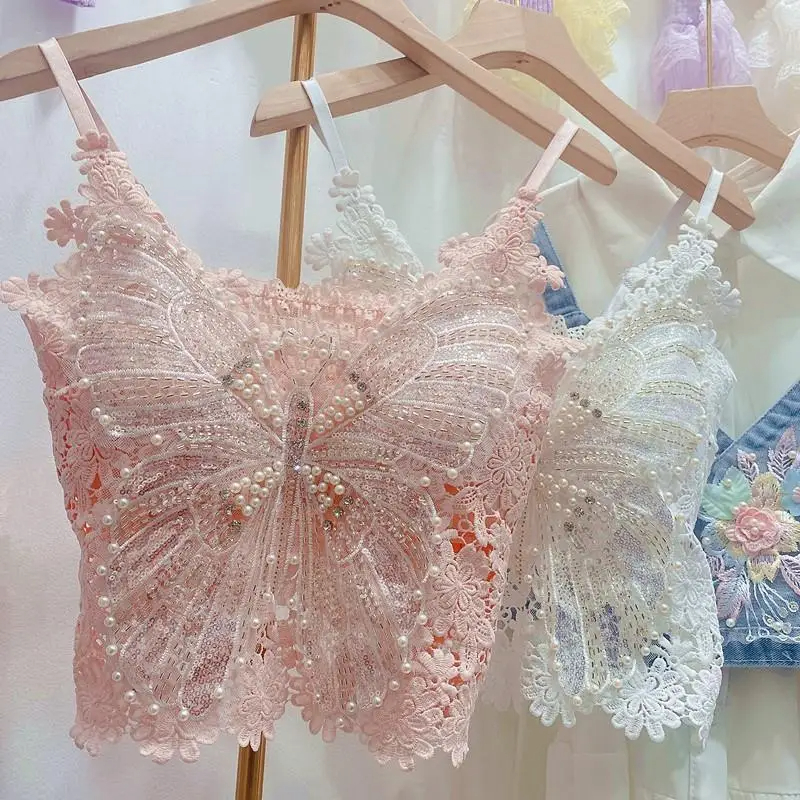 Femmes vêtements lourd perles débardeur fleuri Sexy culture hauts Ropa Mujer dentelle papillon haut nombril Baring Sexy recadrée haut été Camis