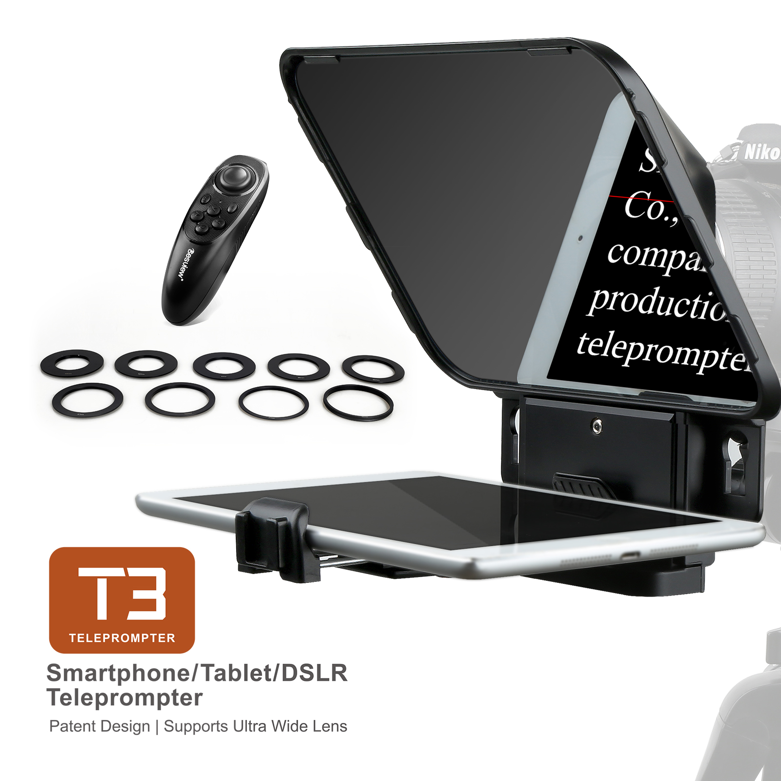 Teleprompter Desview T3 do smartfonów, tabletów, lustrzanek cyfrowych, obiektyw szerokokątny do nagrywania wideo do 11 cali podczas wywiadów VLOG