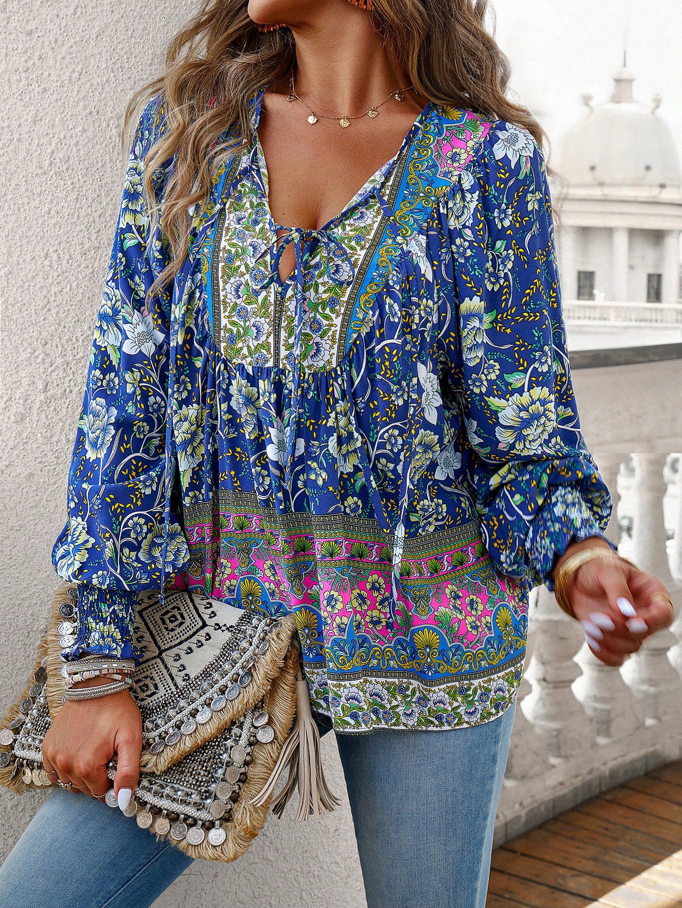 Camicette casual a maniche lunghe con scollo a V Camicie Top da donna Camicetta con stampa floreale in cotone rayon vintage Camicia Autunno Boho Beach Blusas