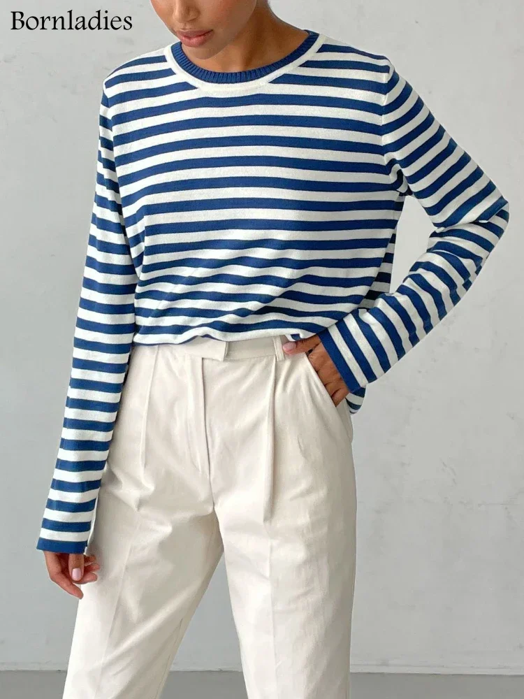 Bornladies Gebreide Streep Trui Vrouwen 2025, Herfst Winter Losse Casual Dikke Truien Vrouwelijke Warme Lange mouwen Ronde Hals Tops