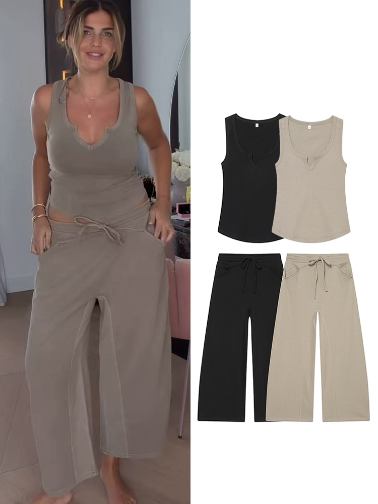 TFMLN Casual Sleeveless Top Pants Women Set Slim Solid Tee Lace Up Straight Pant Female 2026 Summer Lady Vintage Trouser Suit