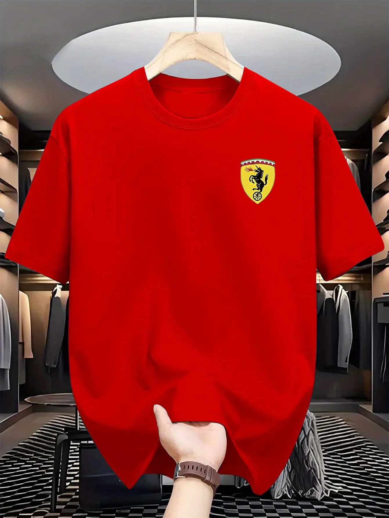 เสื้อยืดแขนสั้นคอกลมทรงหลวมลำลองสำหรับฤดูร้อนสำหรับผู้ชาย - เสื้ออเนกประสงค์พร้อมกราฟิกโลโก้รถยนต์