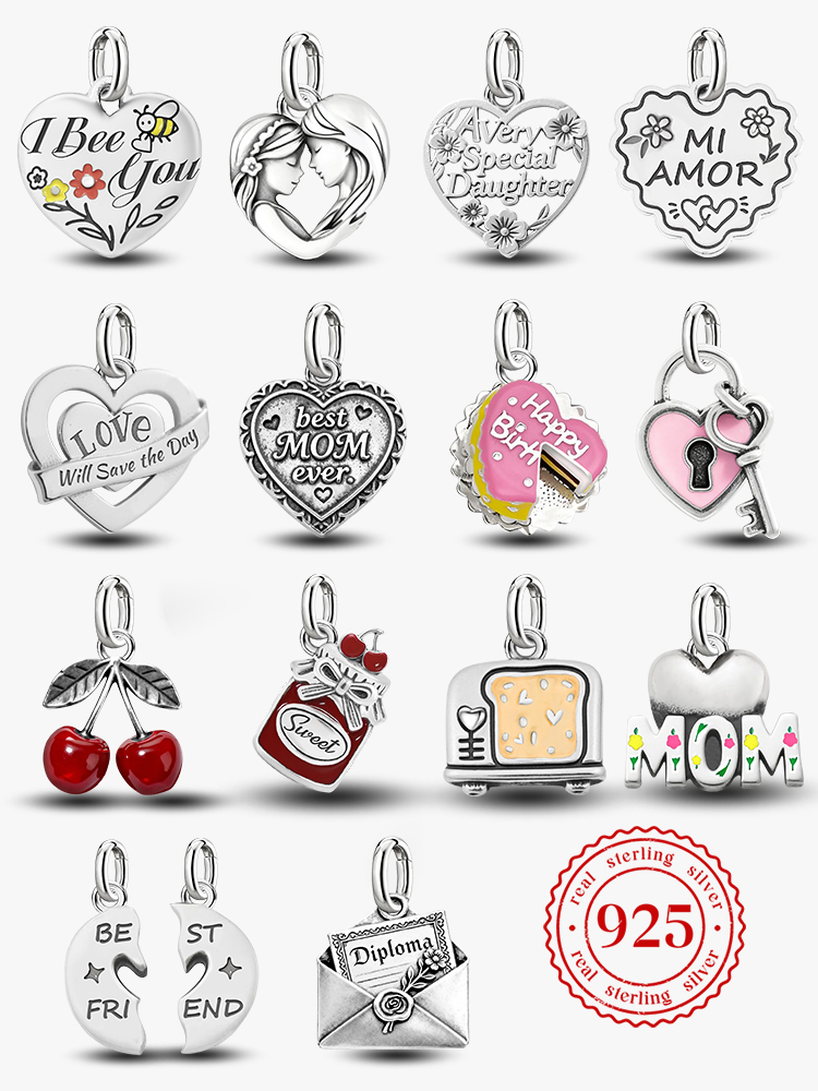 Regulowane zawieszki ze srebra próby 925 w stylu vintage, charmsy w kształcie tortu urodzinowego i serca, pasujące do oryginalnej bransoletki, naszyjnika, do samodzielnego tworzenia biżuterii.