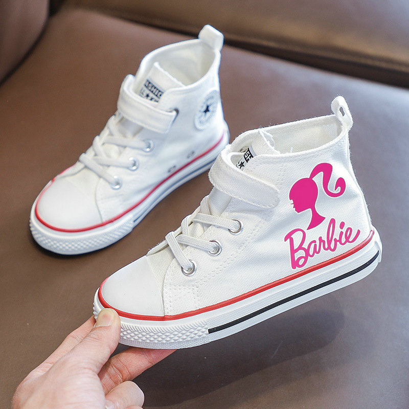 Chaussures Barbie pour enfants, baskets montantes en toile décontractées pour filles, chaussures blanches pour élèves de la maternelle, chaussures de Tennis Barbie de dessin animé 19-30