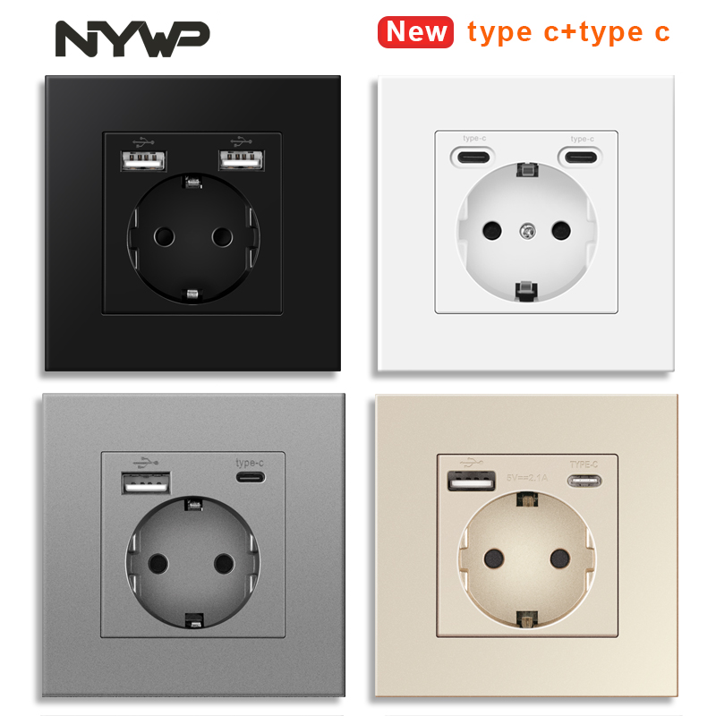 Spina USB da muro NYWP con doppia spina standard UE 16A presa da parete incorporata CA 110 V-250 V presa da pannello nuovo stile