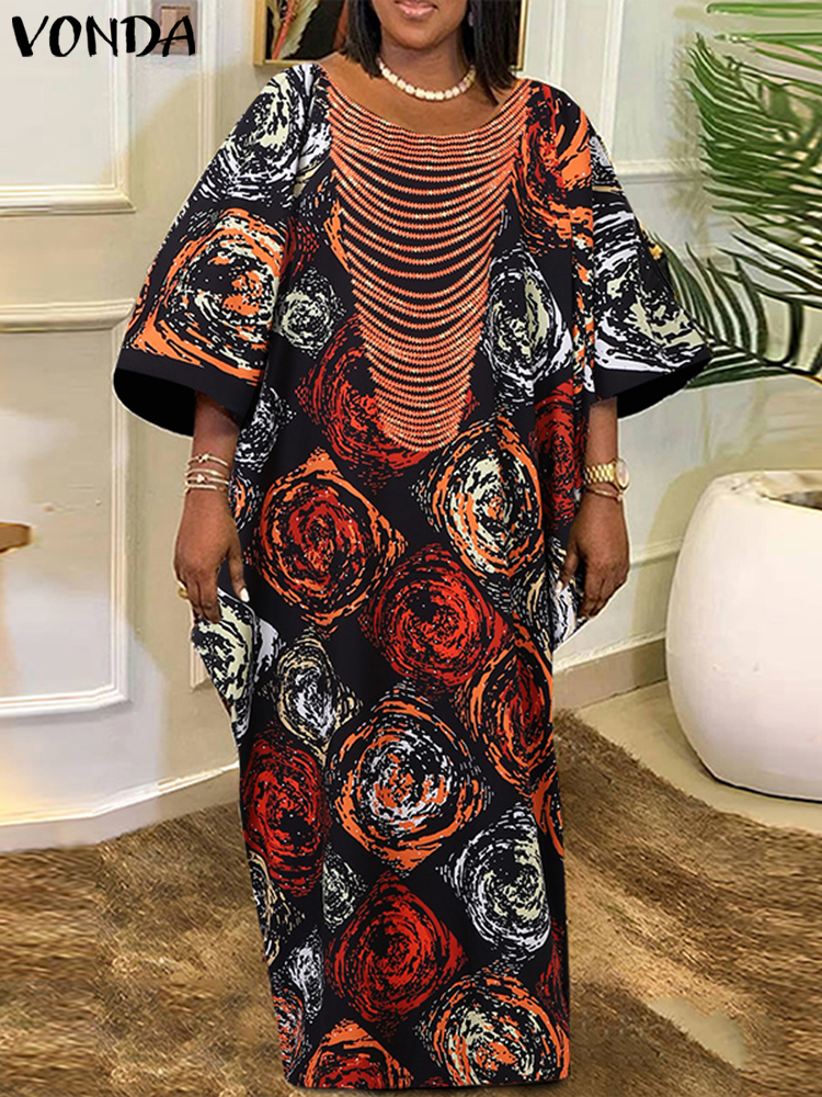 VONDA de talla grande para mujer, Vestido largo bohemio con estampado floral, informal, con mangas abullonadas, para vacaciones, sin borla, 2025