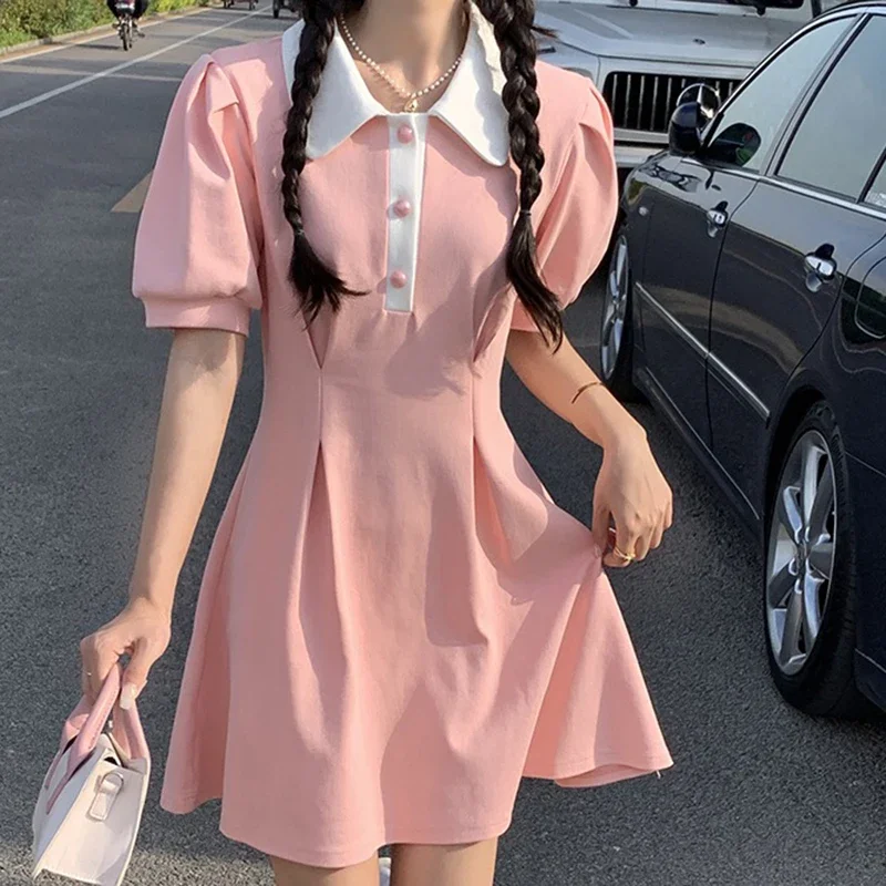 MEXZT-Vestido corto ajustado de manga corta para mujer, minivestido de cintura alta con cuello vuelto, estilo Kawaii