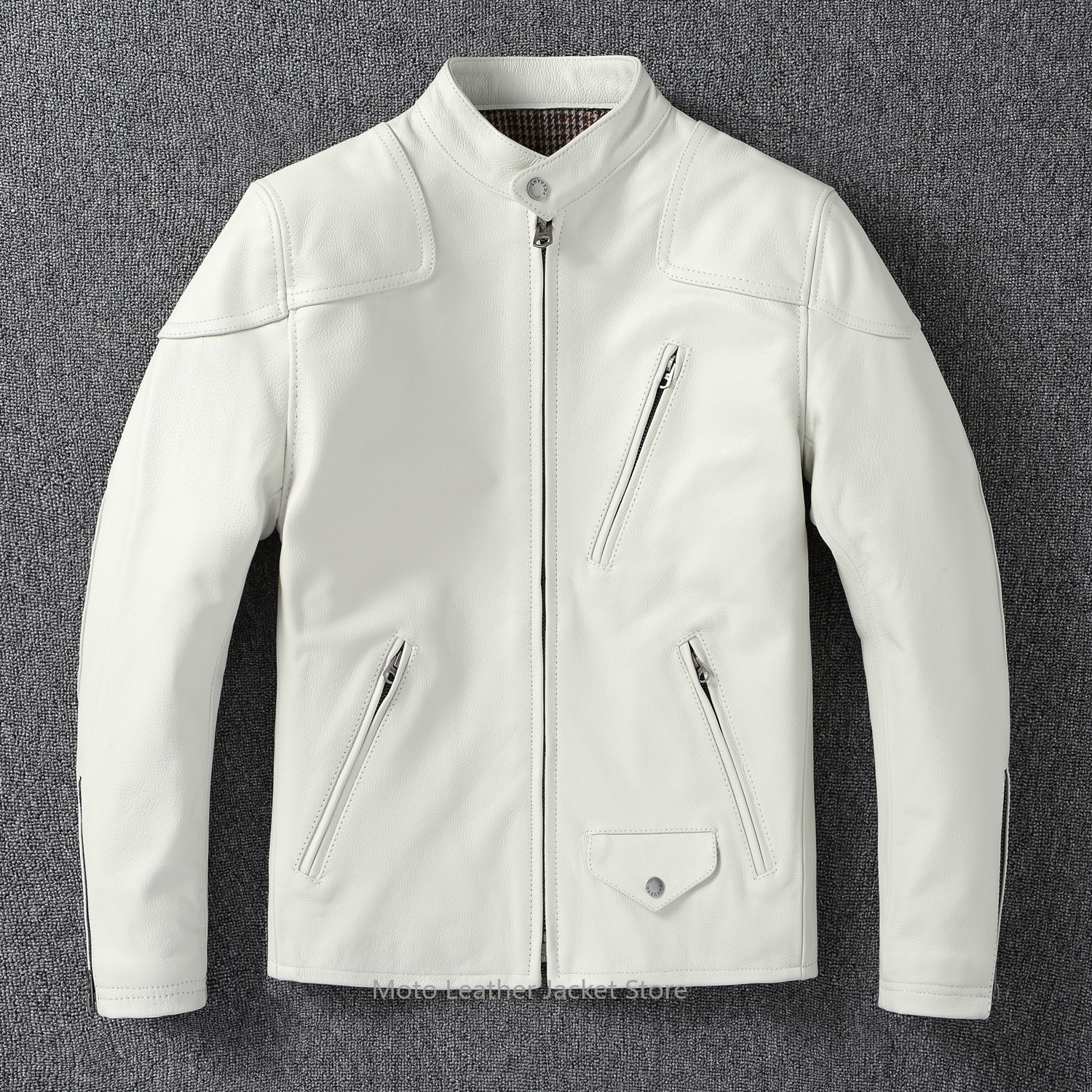 Jaqueta Masculina de Couro Genuíno Estilo Venom Branca, Ajuste Slim, Gola Curta, Couro Bovino de Primeira Camada, Casaco Casual de Motociclista
