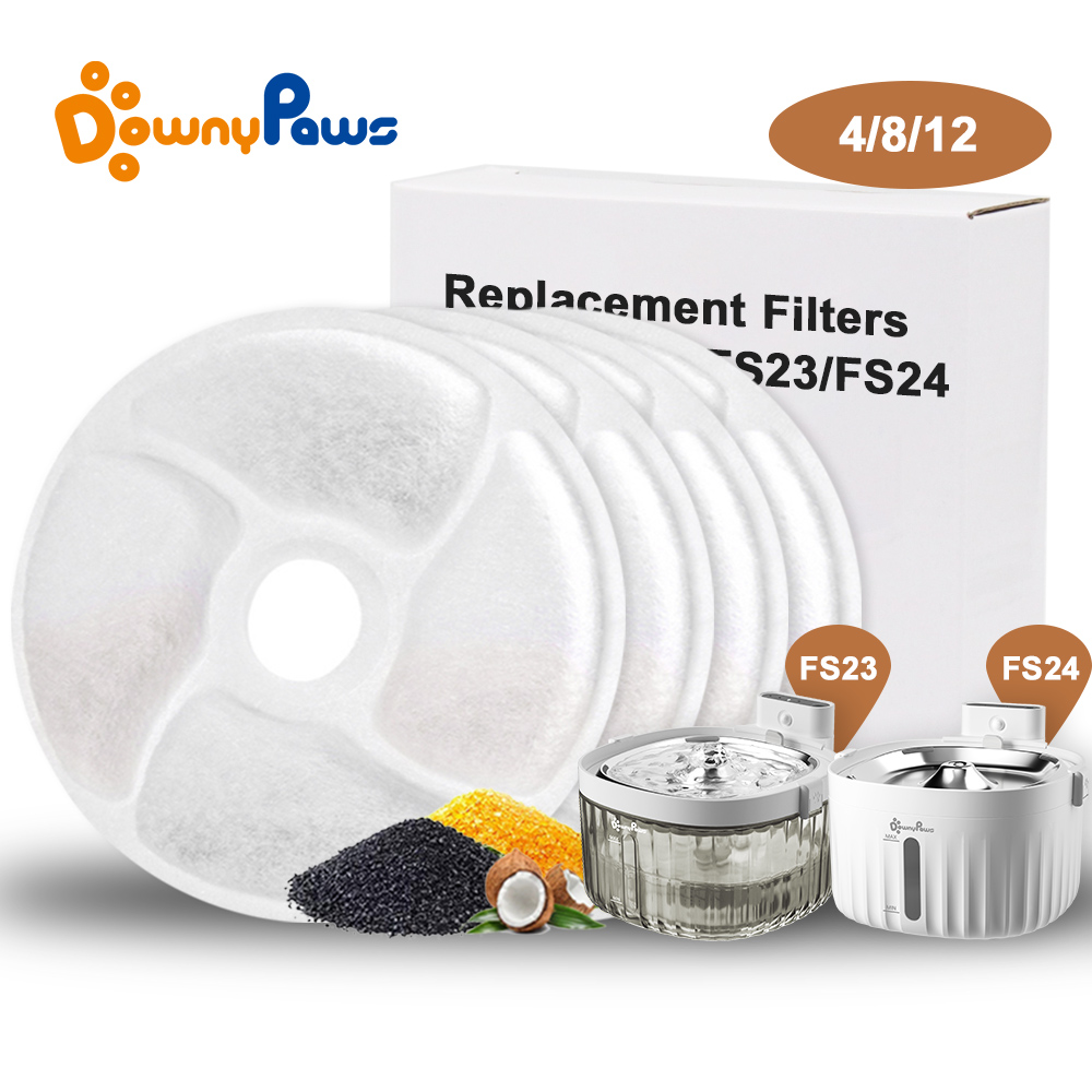DownyPaws FS23/FS24 filtro di ricambio per filtri a carbone attivo per fontana di acqua di gatto a batteria confezione da 4/8/12