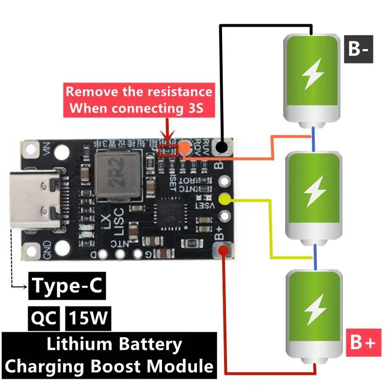 2S 3S Type-C USB BMS 15W 8.4V 12.6V 1.5A 리튬 배터리 충전 부스트 모듈(균형 지원 포함) 표시기로 고속 충전
