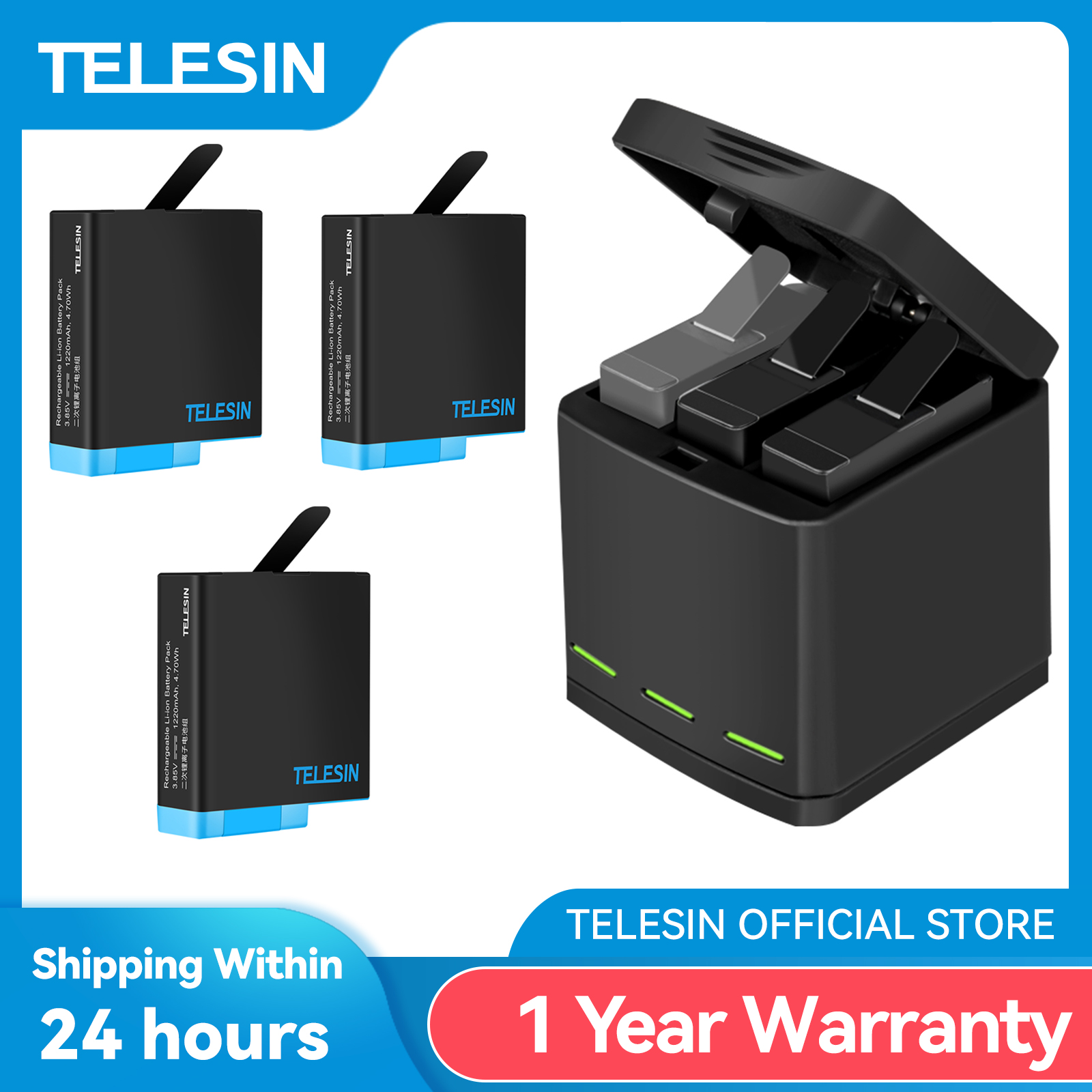 TELESIN 1220 мАч, 3 упаковки аккумуляторов, 3 слота, светодиодный светильник, зарядное устройство, коробка для хранения, кабель типа C для GoPro Hero 5, 6 7 8, черная камера