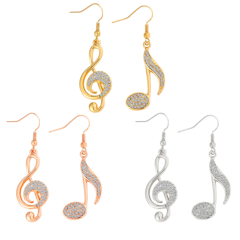 Gold Color Music Notes Drop Earrings for Women, Full CZ Clear Crystal Earring, Big Jewelry for Musical Fans, Fashion