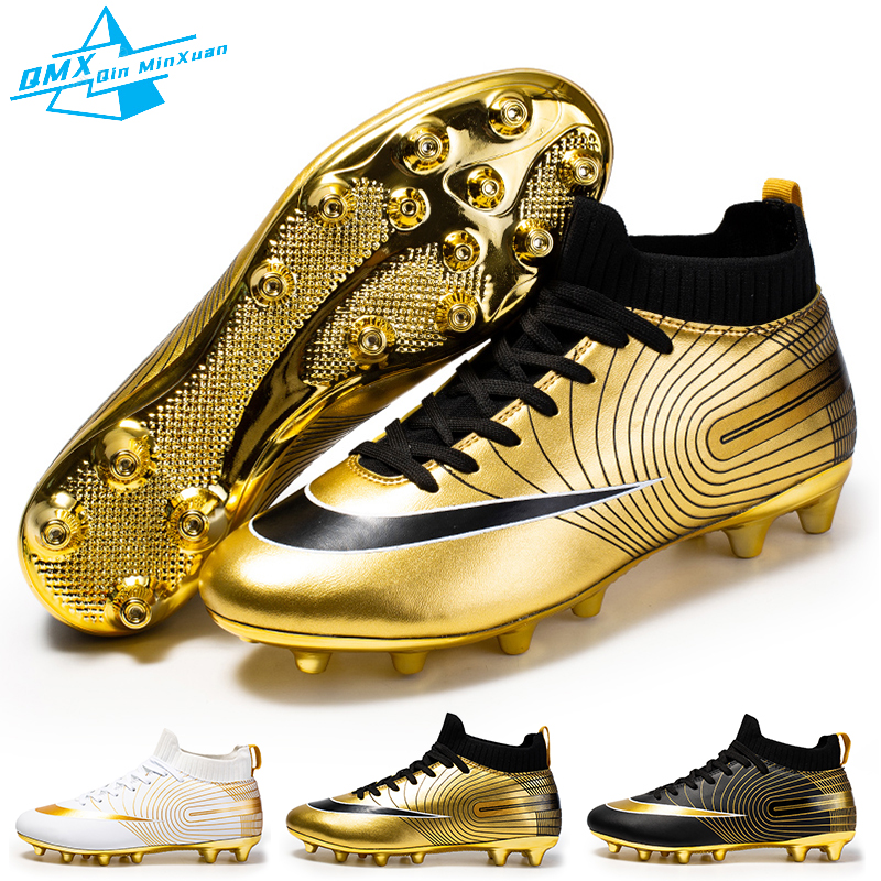 Zapatos de fútbol para hombre, botas de fútbol de césped de tobillo alto con luz dorada, zapatillas de fútbol de entrenamiento de interior antideslizantes originales para niños
