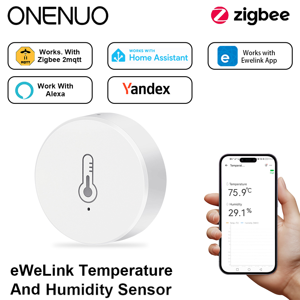 Czujnik temperatury i wilgotności EWelink ZigBee, zasilany bateryjnie, sterowany przez aplikację Ewelink, monitor środowiska domowego, współpracuje z Alexa/Google.