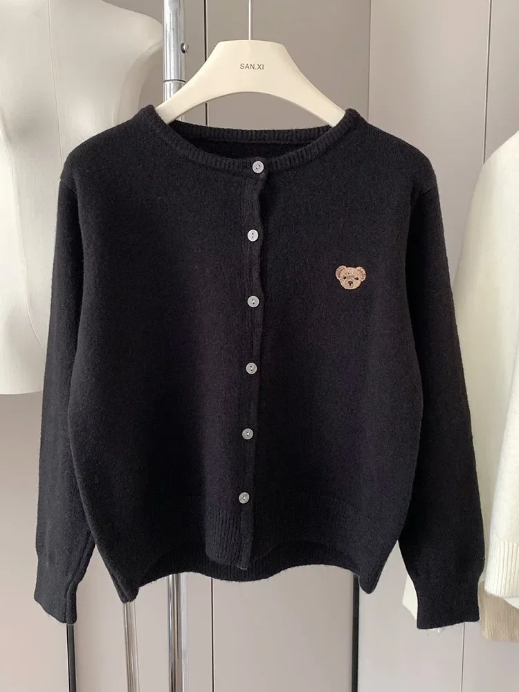Yaminiya outono 2024 o-pescoço camisola de malha doce dos desenhos animados bordado casual topos moda japonesa único breasted cardigan harajuku