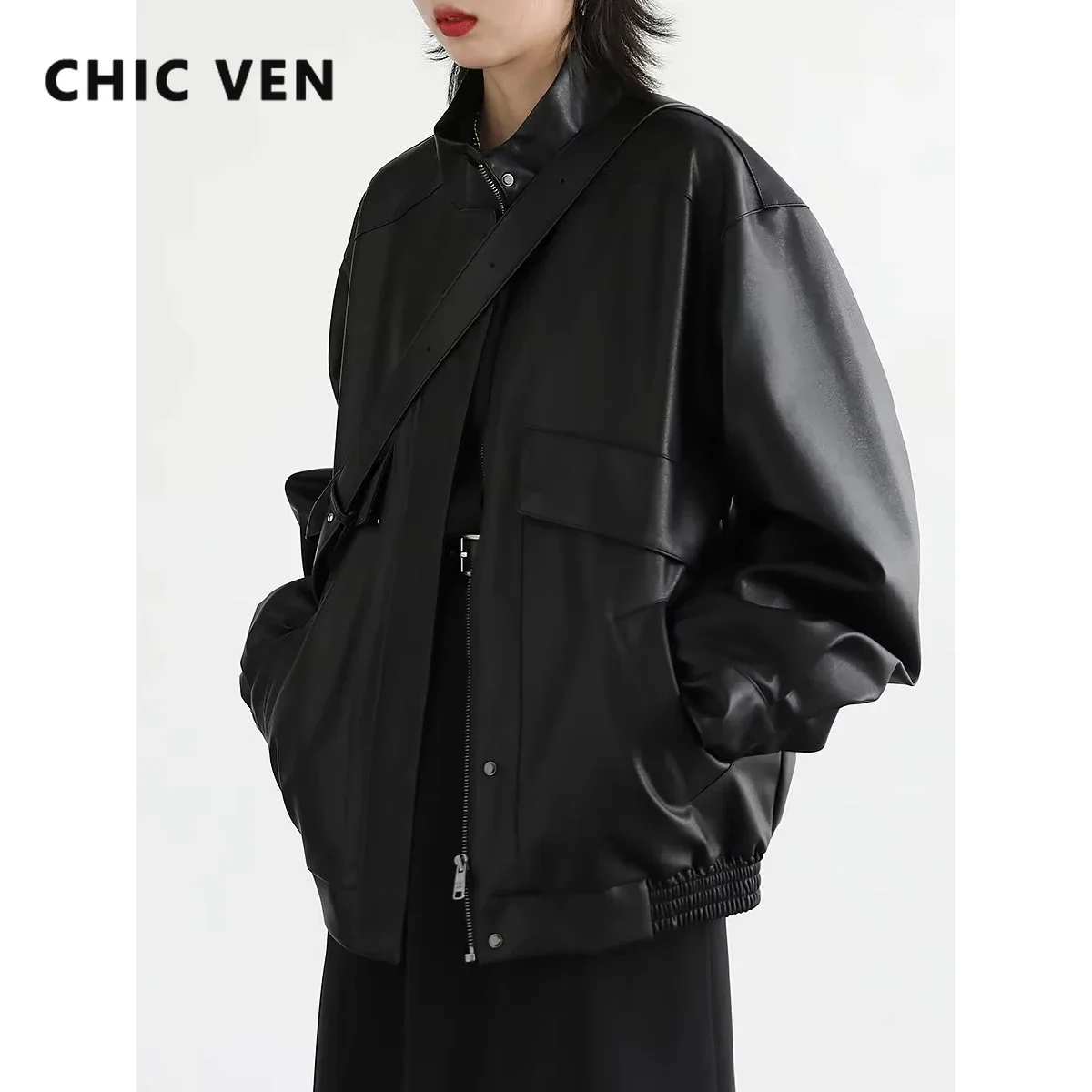 Chique ven feminino jaqueta de manga longa sólido grosso gola plutônio casaco de couro falso feminino superior acolchoado outono inverno 2024