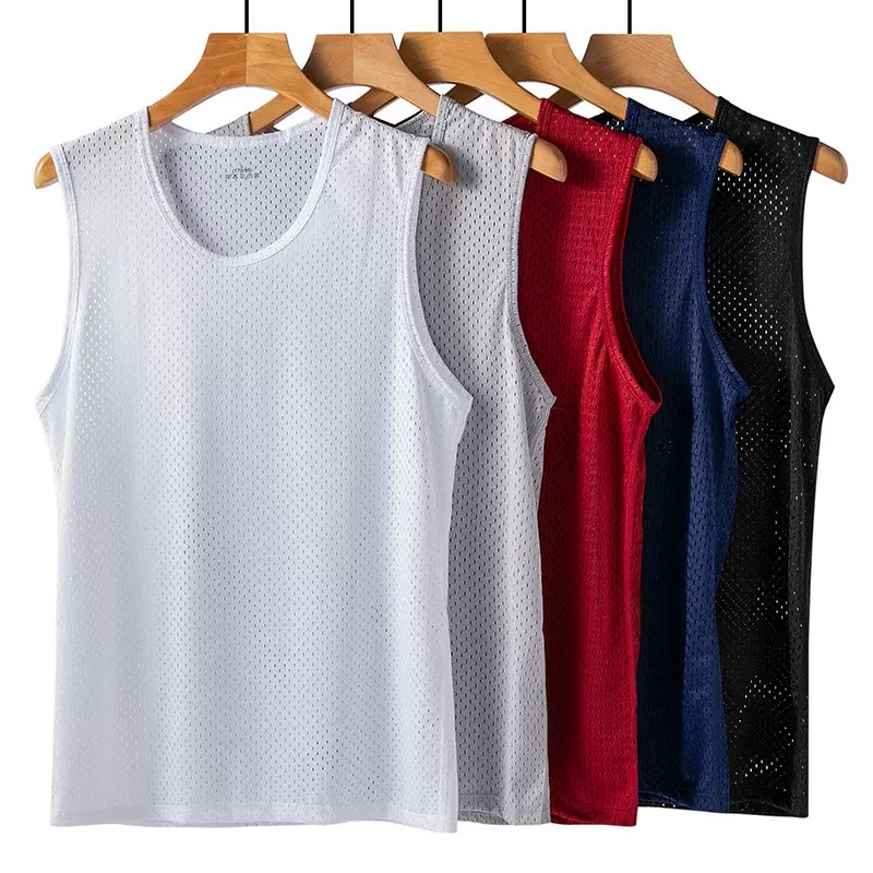 Rompi Jaring Sutra Es Pria Pakaian Olahraga Musim Panas Ringan Kaus Tanpa Lengan Tank Top Pakaian Luar Fashion Kasual