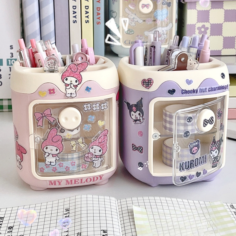 Kawaii sanrio kuromi diy caneta titular organizador de mesa dos desenhos animados desktop minha melodia cinnamoroll adesivo caixa armazenamento maquiagem escova titular