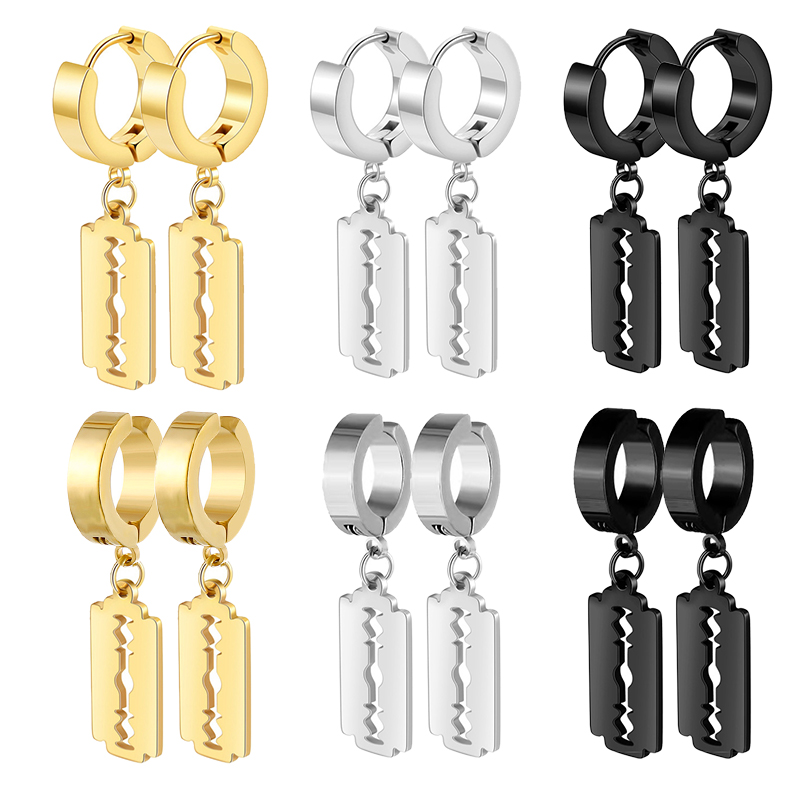 1 Pasang Anting-Anting Kancing Baja Tahan Karat Punk Gothic Liontin Bilah Kreatif Anting-Anting Bilah Pisau Cukur Batu Punk Perhiasan Telinga Hip-Hop Gotik