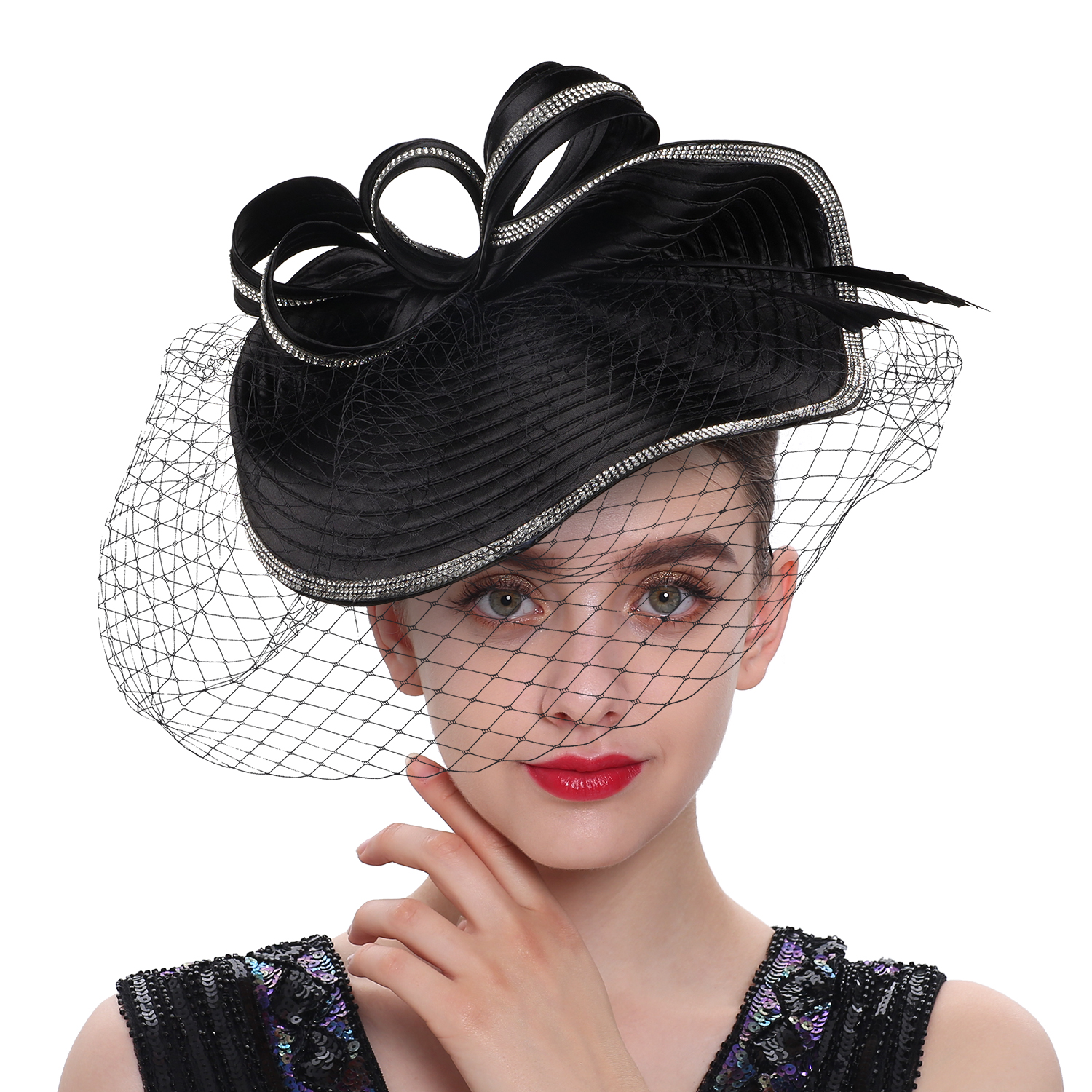 Elegant ผู้หญิง DERBY หมวก Veil Headband Tea Party หมวก Rhinestones Lady Fascinator PhotographParty Kentucky DERBY Church หมวก