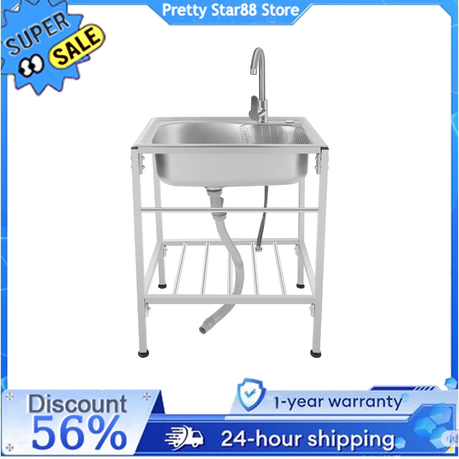 Kitchen Sink Mobile Stainless Steel Sink Single Bowl with Drainer Unit and Faucet for Outdoor Indoor Kitchen