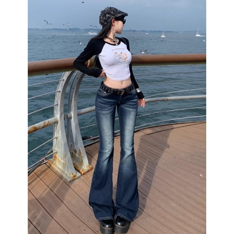 Y2k fino ajuste de cintura alta casual calças jeans das mulheres retro calças jeans cintura baixa queimado longo bootcut arrastar outono para mulher