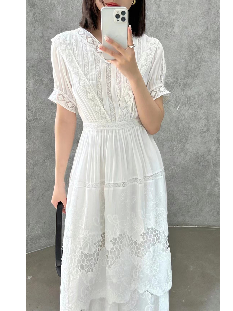 Gypsylady Bloemen Borduren Chic Midi Jurk Wit Katoenen Zomer Boho Vrouwen Tiered Jurken Puff Mouwen Sheer Sexy Holiday Vestido