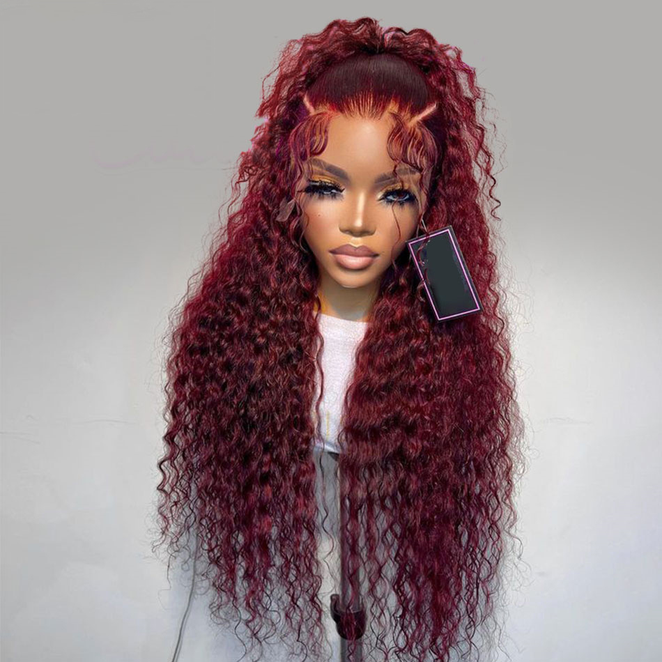 Peruca dianteira longa Kinky Curly Lace, 180% Densidade, 180% Glueless Pre-Arrancadas cabelo do bebê, Borgonha longo cabelo do bebê, temperatura de calor, Cosplay diário, 99j