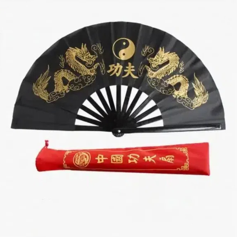 Chinese Tai Chi Fan Bamboo Ribs Double Dragon Kung Fu Fold Ring Fan Classical Red Performance Martial Arts Fitness Dancing Fans