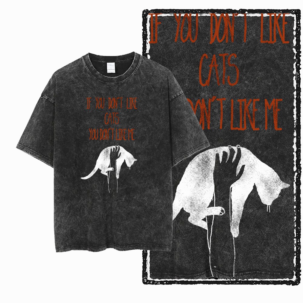 G55 Acid Washed Black Cotton Cool Cat Graphic Herren T-Shirt |    Streetwear Big Size Vintage O-Ausschnitt Herren T-Shirt