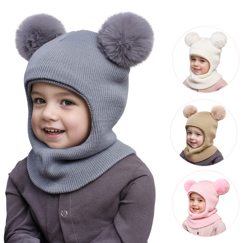 Pompom bebê inverno chapéu cachecol de uma peça crianças gorro de malha orelhas quentes pescoço crianças gorro infantil para meninas meninos 1-5y