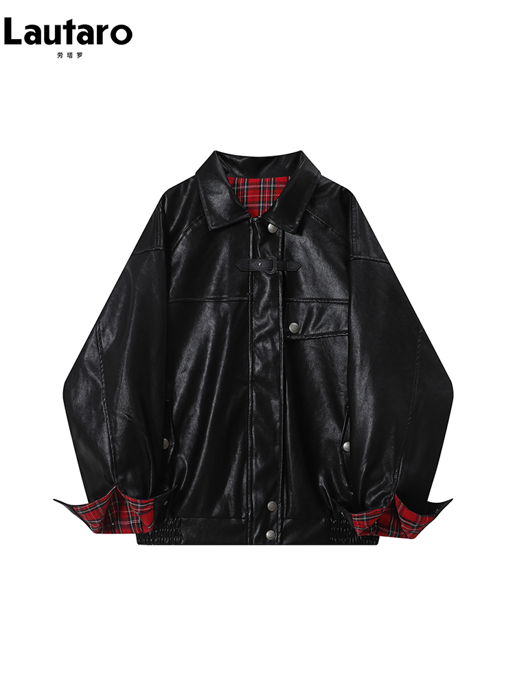 Lautaro-Chaqueta de cuero Pu con retales a cuadros para mujer, gran tamaño, suave, reversible, manga larga, ropa de diseñador de lujo, primavera