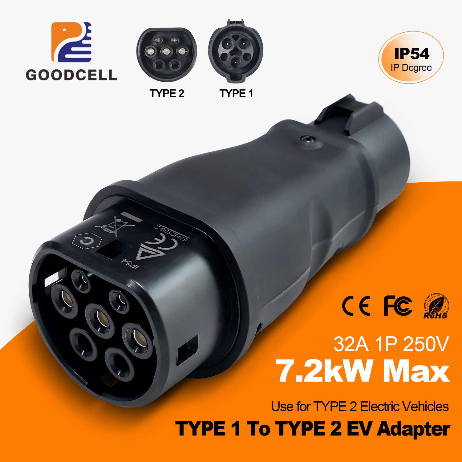 GOODCELL Type1 to Type2 32A 1Phase 7.2kw Max EV Адаптер зарядного устройства J1772 to IEC62196 EV Преобразователь зарядного устройства