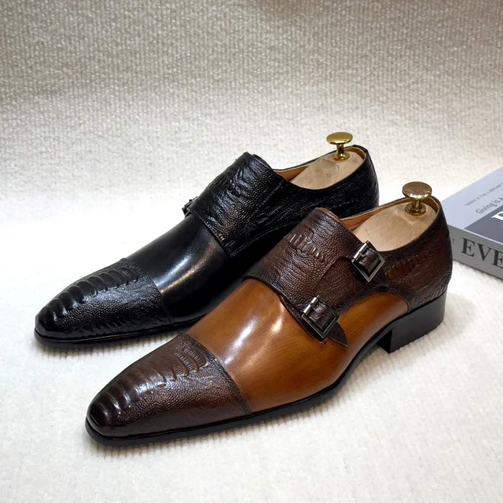 Men's Handmade Brown Monk Shoes Double Buckle Genuine Cow Leather Luxury Wedding Business Formal Basic Men's Footwear