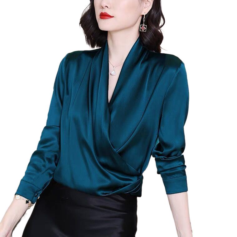 Office Dames Blouses Shirts Elegant Satijn Vrouwen Blouse Sexy V-hals Casual Solid Lange mouwen Lente Zomer Vrouwelijke Party Tops