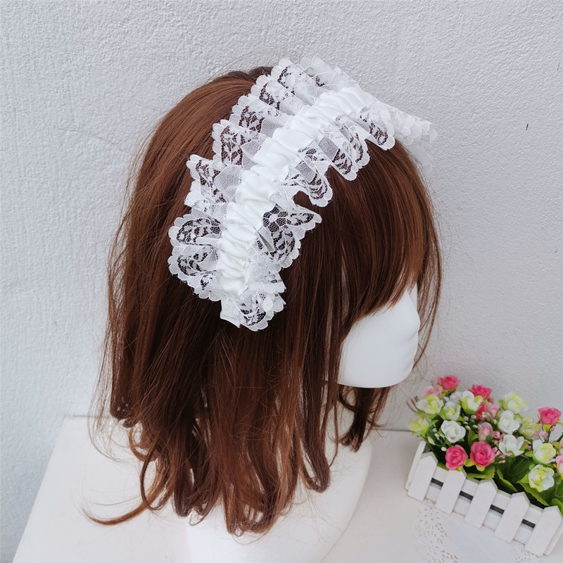 White Lace Pleated Girls Headband Wide Ruffle Sweet Fairy Lolita Princess Hair Accessories Headdress