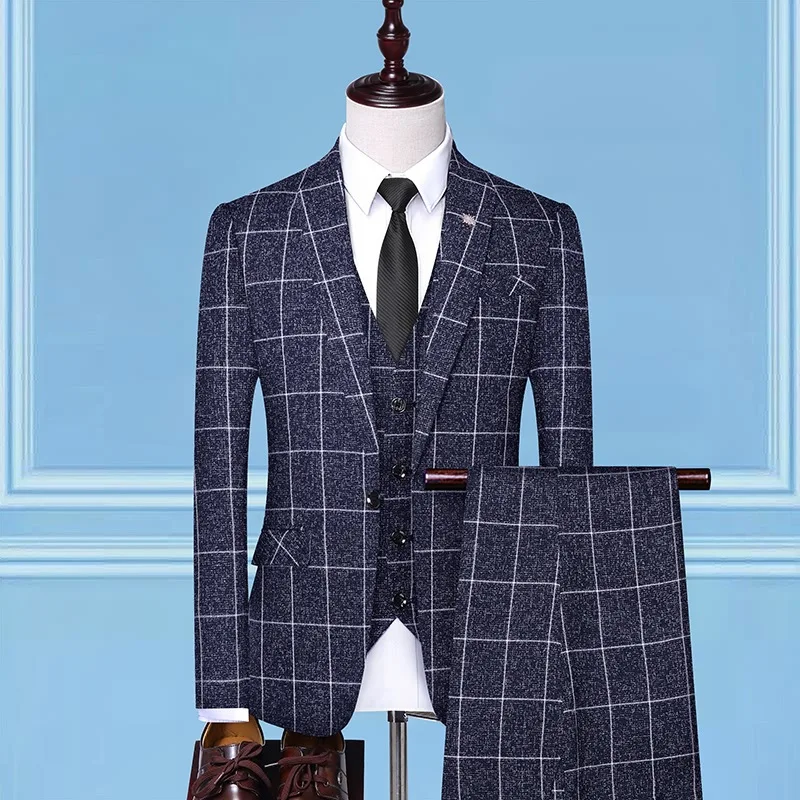 Traje (Blazer + chaleco + pantalones) moda de negocios Casual Caballero estilo italiano elegante a cuadros traje Formal delgado de 3 piezas