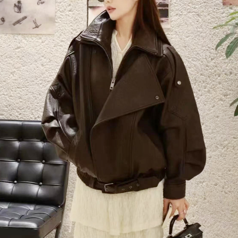 Veste en cuir à double col High Street pour femme, manches bouffantes Leurs lan, manteau long, mode féminine, respirant, OutChester, 2024