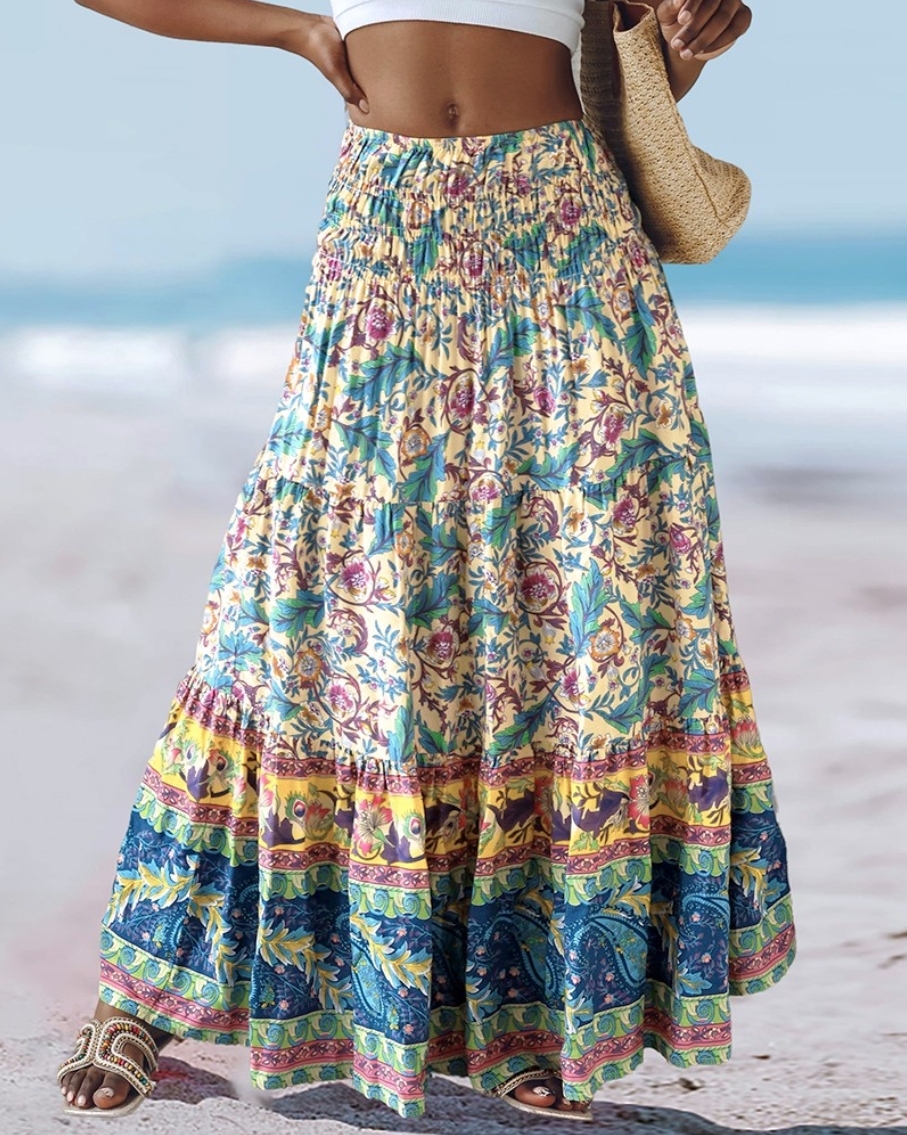 Damen Boho Blumenmuster Mehrlagiger Maxirock mit Hoher Taille und Gerafftem Bund für den Strand im Sommer