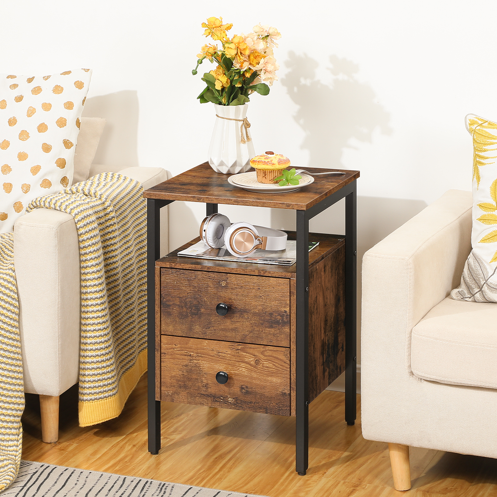 HOOBRO Nightstand Bedside Table with 2 Drawers and Storage Shelves Side End Table Sofa Table for Living Room Bedroom Brown