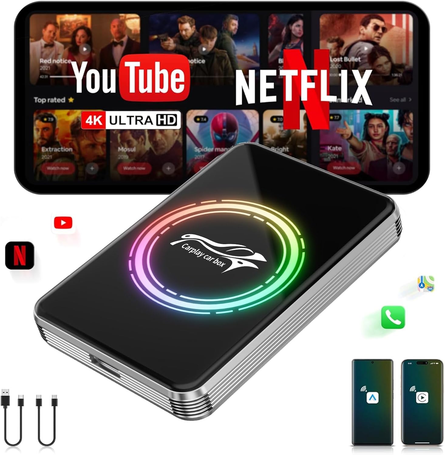 3-in-1 Wireless CarPlay Adapter, AI Magic Box, unterstützt Netflix/YouTube/TikTok, Android 13, WiFi6, Bluetooth 5.4, für iPhone 6+/