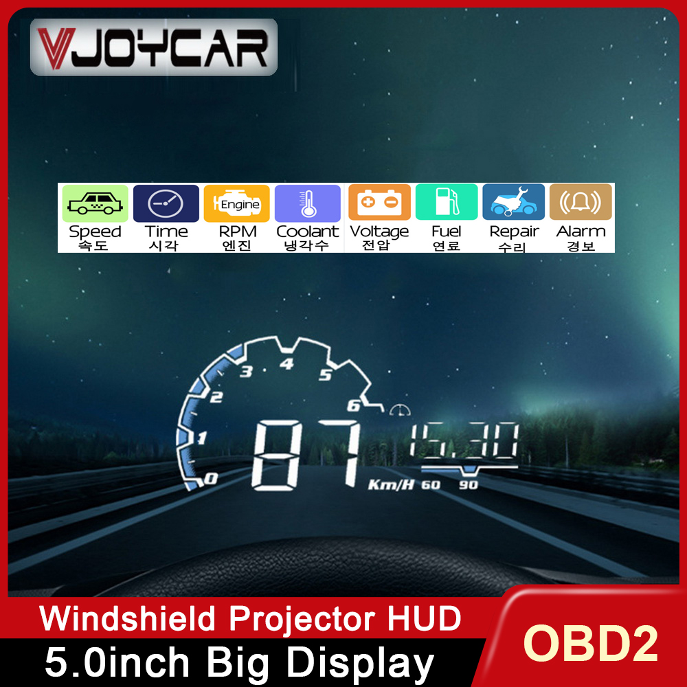 Vjoycar HUD Tampilan Kepala Atas Mobil 5 "OBD2 Pengukur Proyektor Kecepatan Kaca Depan Pemindai Otomatis Alarm Keamanan Suhu Air Berlebih