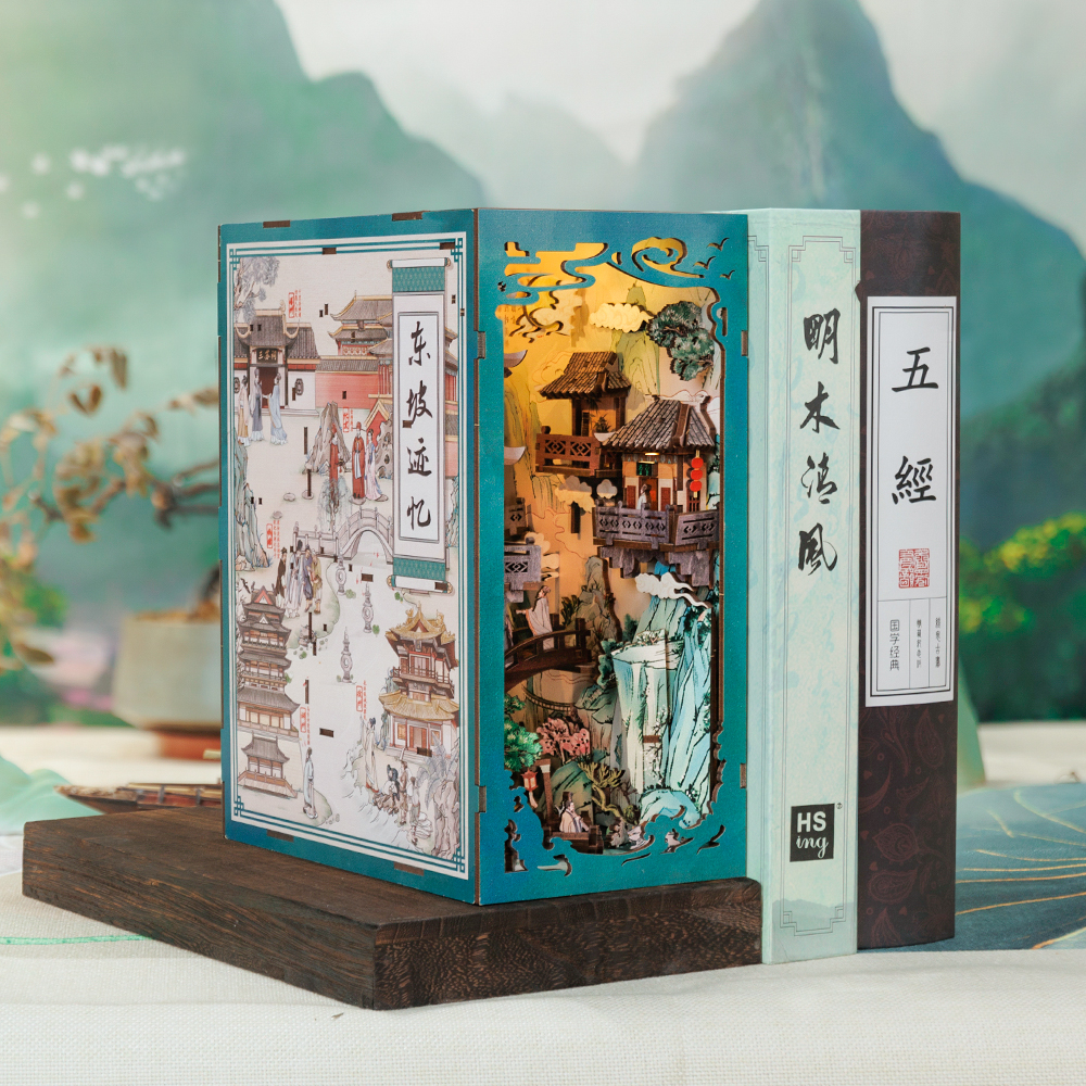 CUTEBEE Antiquity Book Nook Chinese Style Doll House Kit with Touch Light Dust Cover Bookshelf Insert Toy Su Dongpo's Life