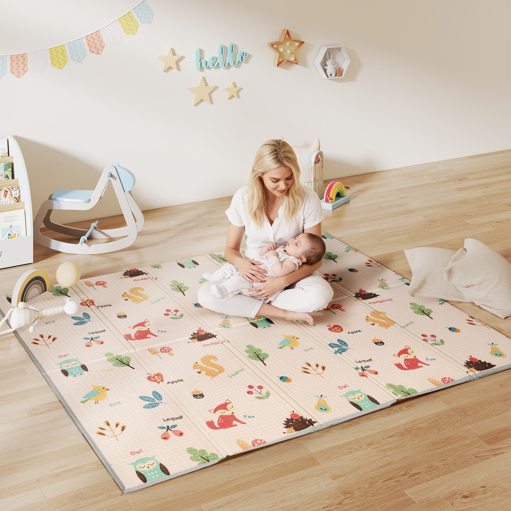 Tapete de brincar para bebês acolchoado dobrável reversível Aiyaplay 150X180 cm, tapete de atividades para bebês Xpe, dupla face à prova d'água, com bolsa de transporte, multicolorido